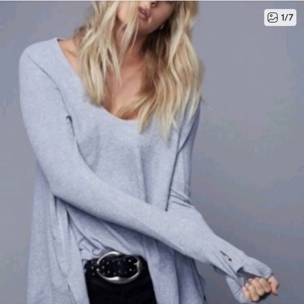 We The Free by Free People Blue Grey Waffle Knit V-Neck Long Sleeve Top M